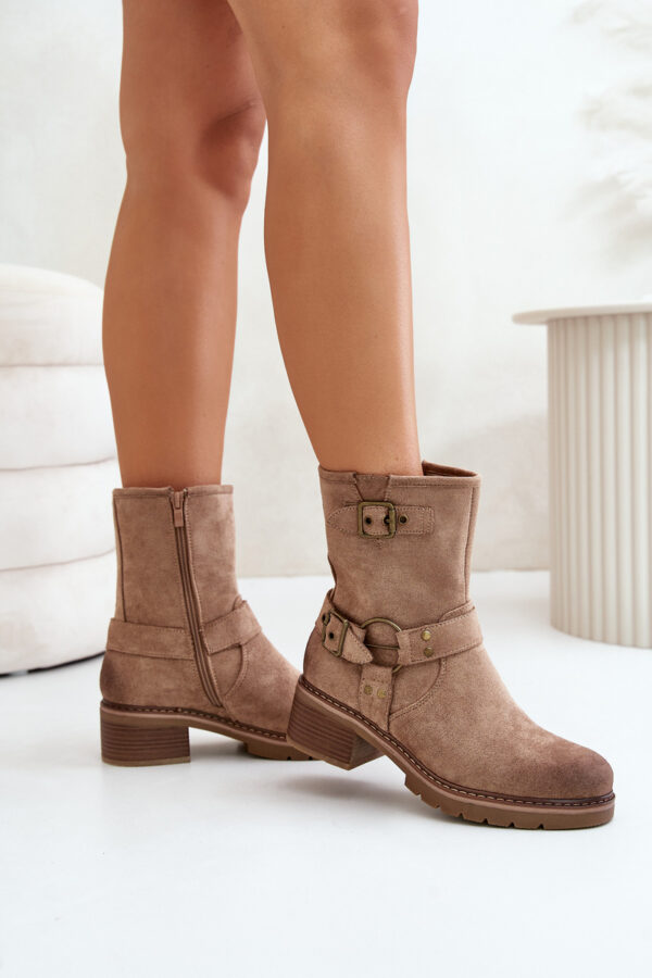 Women's ankle boots on a low heel with buckles dark beige Zudra