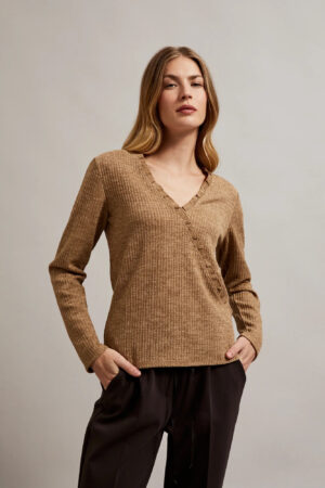 Women's blouse with ribbed V-neck MOODO - beige