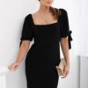 Women's dress gathered at the back with tied sleeves - black