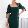 Women's dress gathered at the back with tied sleeves - dark green
