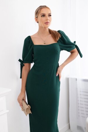 Women's dress gathered at the back with tied sleeves - dark green