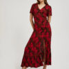 Women's dress with V-neck and tropical print MOODO - red