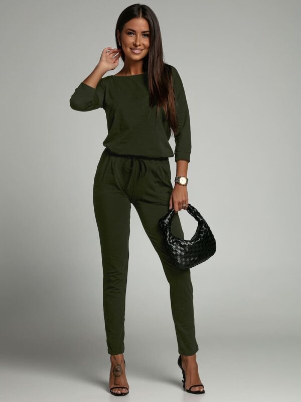 Women's jumpsuit fastened at the back with a khaki zipper
