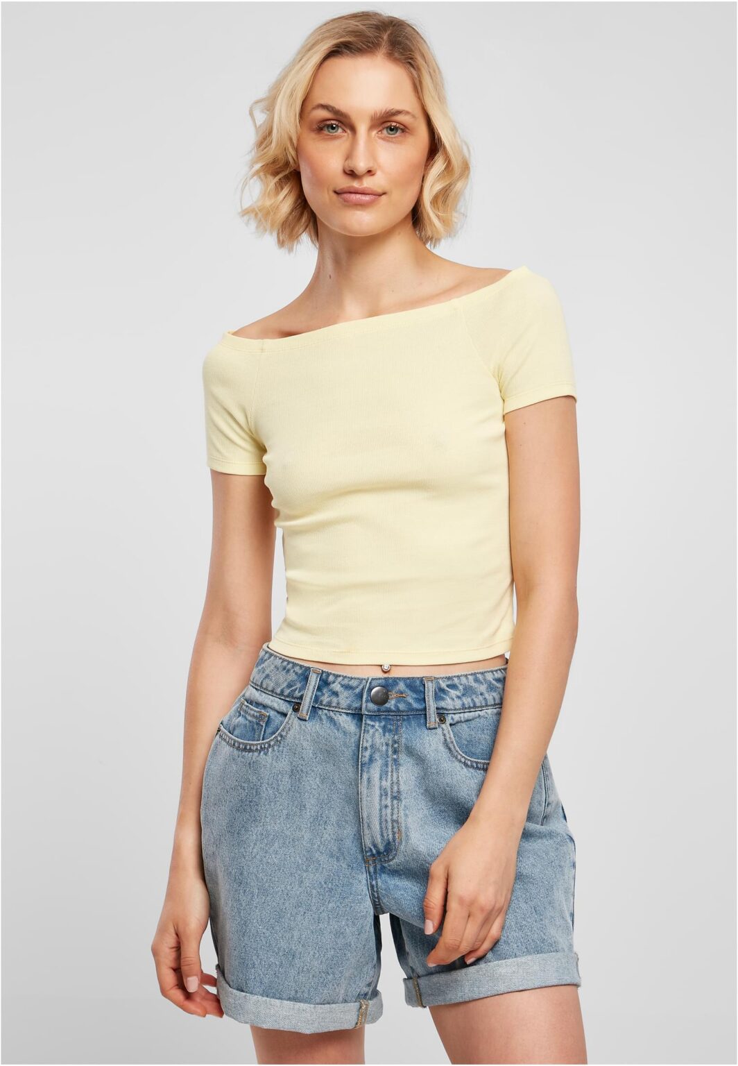 Women's loose shoulder t-shirt in soft yellow color