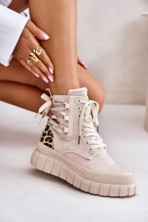 Women's platform ankle boots with decorative lacing Leopard light beige Edidda