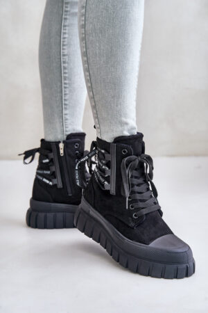 Women's platform ankle boots with decorative lacing black edidda