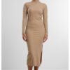 Women's ribbed long turtleneck dress beige