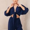 Women's set blouse with ties + trousers - dark blue