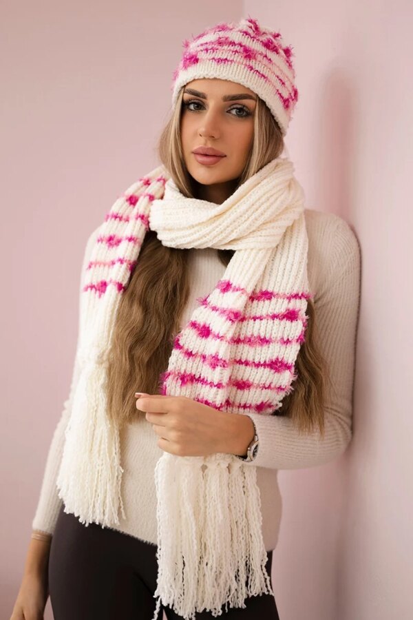 Women's set with scarf Anika K304 ecru + fuchsia