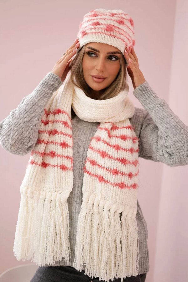 Women's set with scarf Anika K304 ecru + raspberry
