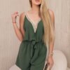 Women's short jumpsuit with decorative lace - khaki