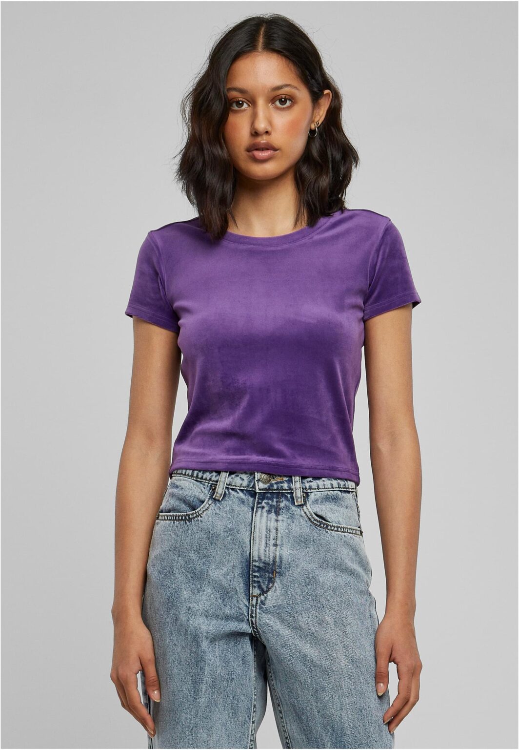 Women's short velvet T-shirt in purple color
