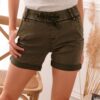 Women's shorts with elastic waistband of khaki color