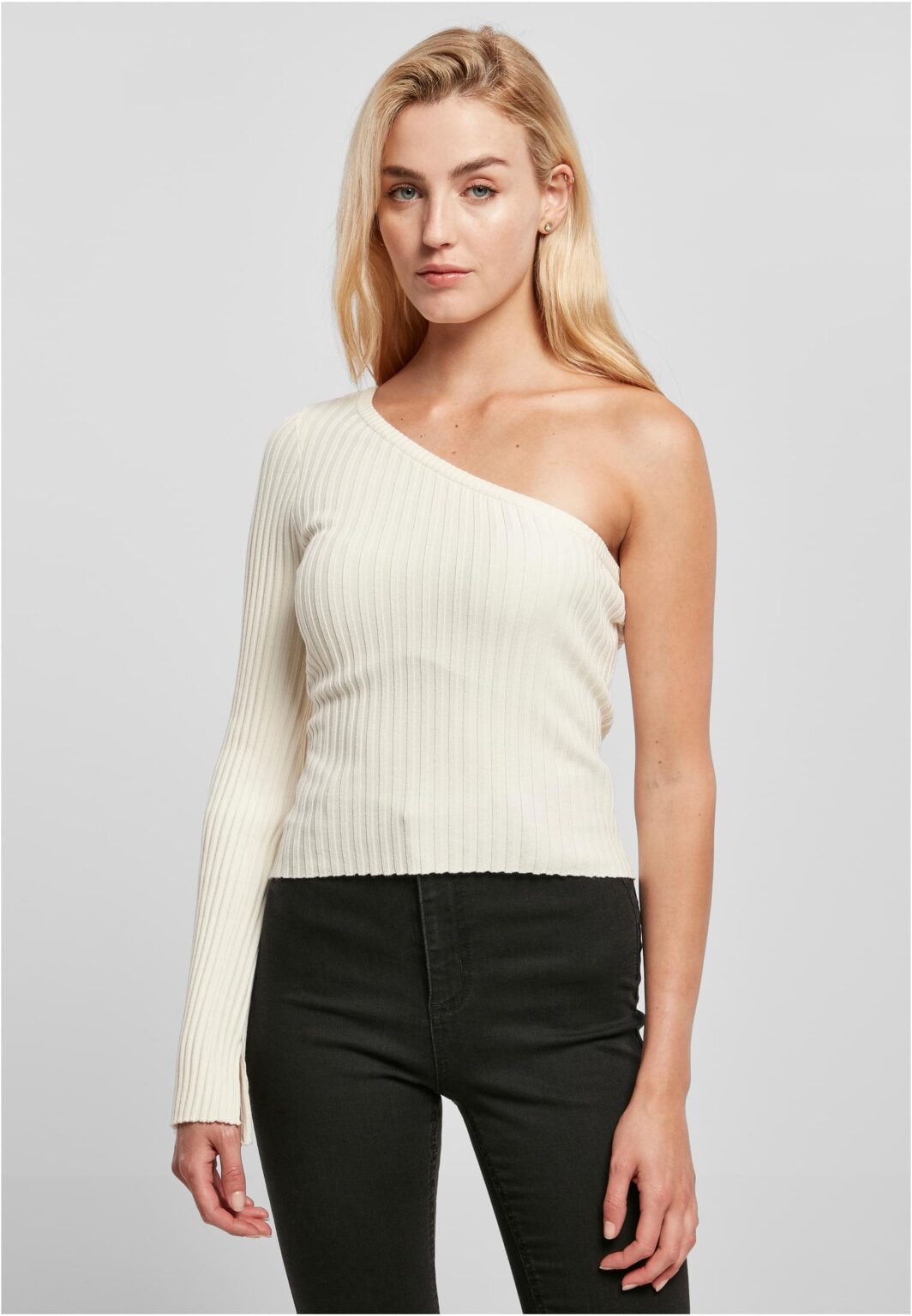 Women's sweater with short rib knit with one sleeve whitesand