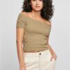Women's t-shirt in khaki color with a stretched shoulder