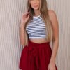 Women's viscose shorts with a tie at the waist - burgundy