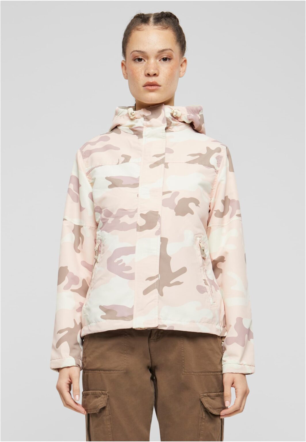 Women's windbreaker with front zip fastening