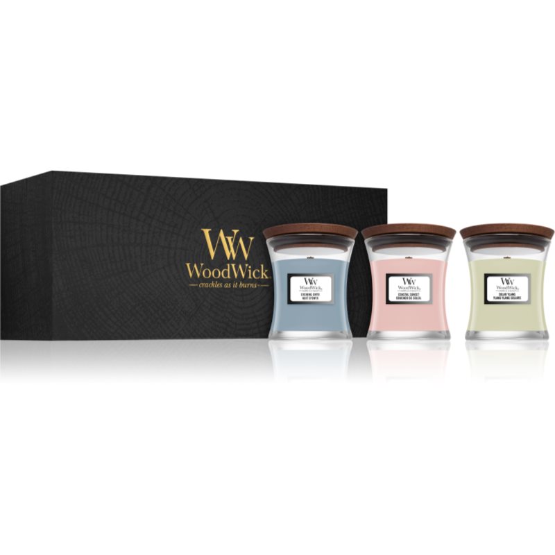 Woodwick Evening Onyx & Solar Ylang & Coastal Sunset ajándékszett fa kanóccal (gift box) 1 db-Ár