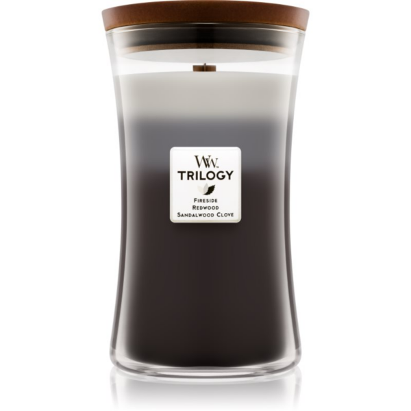 Woodwick Trilogy Warm Woods illatgyertya fa kanóccal 609