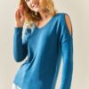 XHAN Petrol Blue Off-the-Shoulder Loose Loose Blouse