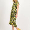 Yellow-navy blue midi dress with Blutsgeschwister motif - Women's