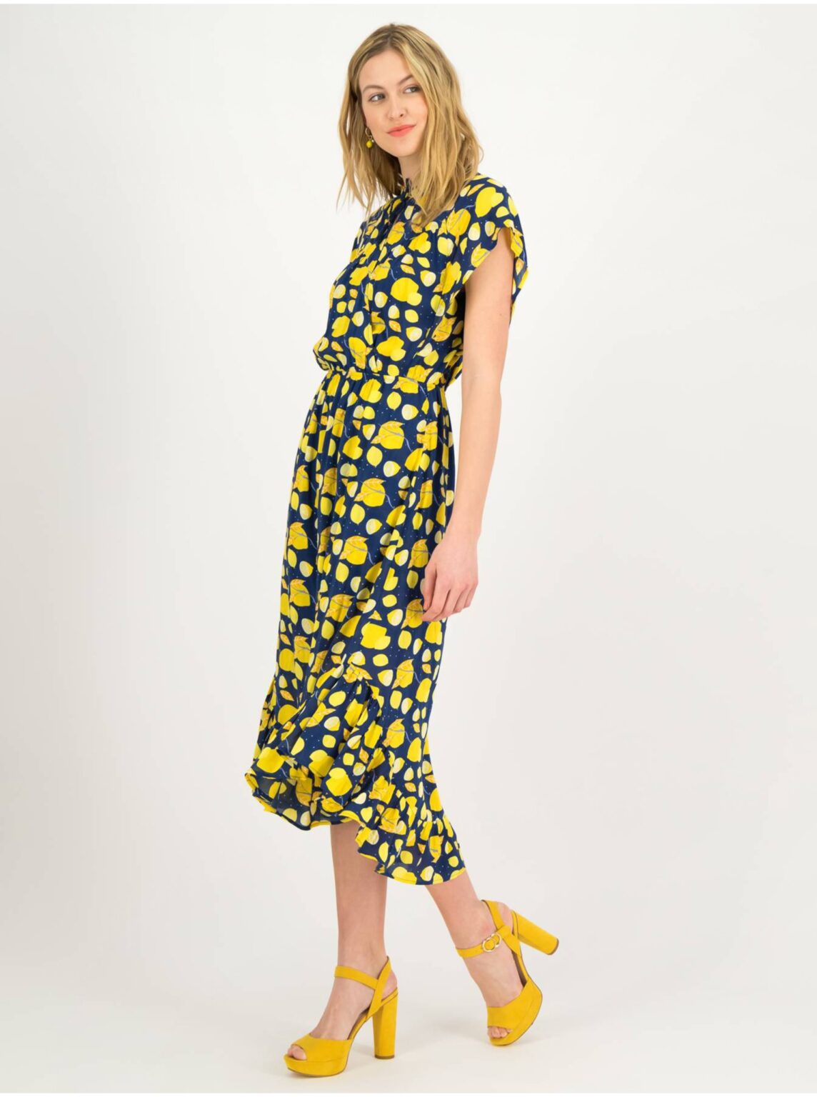 Yellow-navy blue midi dress with Blutsgeschwister motif - Women's