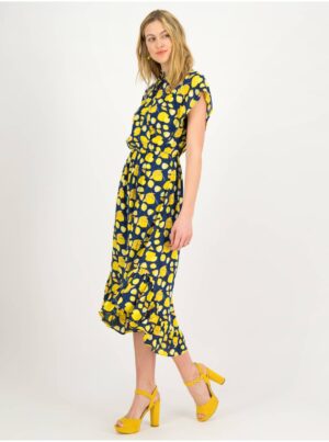 Yellow-navy blue midi dress with Blutsgeschwister motif - Women's