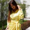Yellow shirt dress with tie at the front