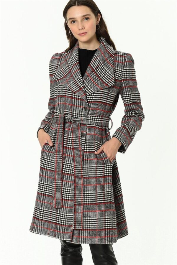 Z6638 DEWBERRY PLAID WOMEN'S COAT-BURGUNDY-BLACK