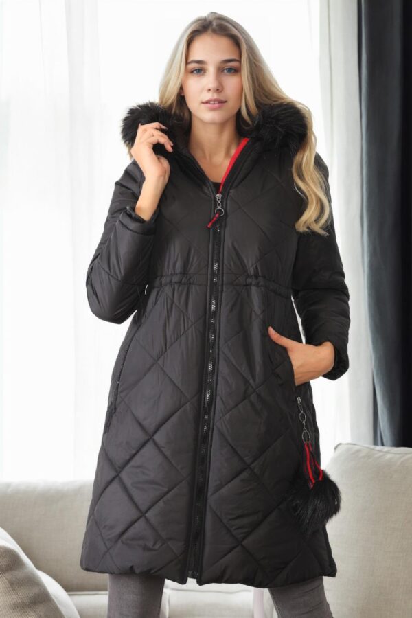 Z6646 DEWBERRYN FUR POMPOM LADIES' COAT-BLACK-1