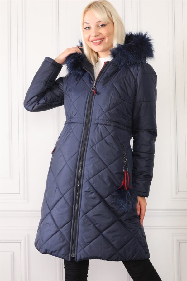 Z6646 DEWBERRYN FUR POMPOM LADIES' COAT-NAVY BLUE