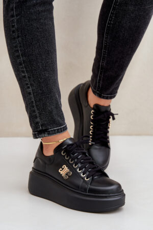 Zazoo Bőr Sneakers Platformon Arany Díszítéssel Lewski 3428 Fekete