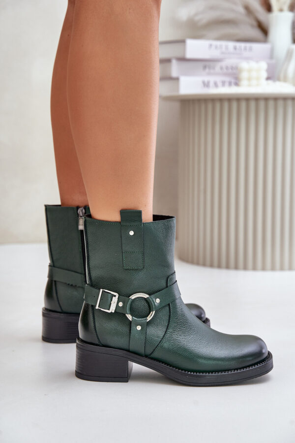 Zazoo Leather ankle boots on a low heel insulated dark green