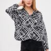 armonika Women's Black Square Pattern Oversize Long Basic Shirt