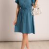 armonika Women's Indigo Elastic Waist Short Sleeve Shirt Dress for Women