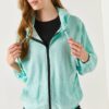armonika Women's Light Green Hoodie with Zipper Oversized Sweatshirt