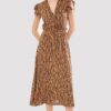 armonika Women's Mink Midi Dress Double Breasted Collar Ruffle Detail on the Shoulder Elastic Waist Midi Length