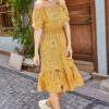 armonika Women's Mustard Checkered Floral Patterned Strapped Elastic Waist Dress