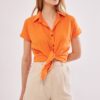 armonika Women's Orange Short Sleeve Linen Shirt