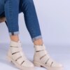 marka niezdefiniowana Beige ankle boots made of eco-leather with cutouts on a flat heel Kalipso