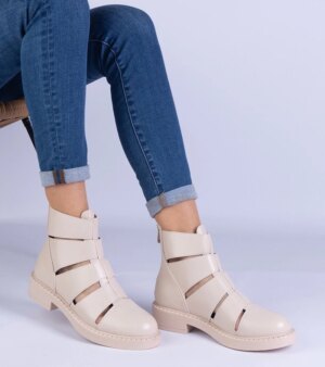 marka niezdefiniowana Beige ankle boots made of eco-leather with cutouts on a flat heel Kalipso