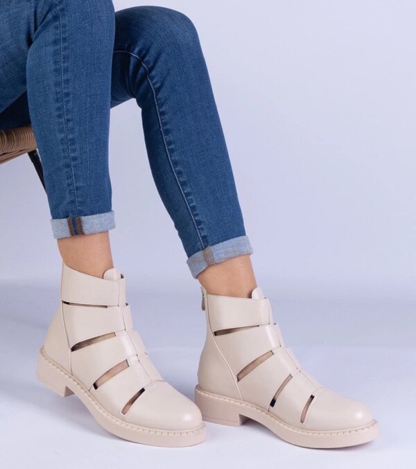 marka niezdefiniowana Beige ankle boots made of eco-leather with cutouts on a flat heel Kalipso