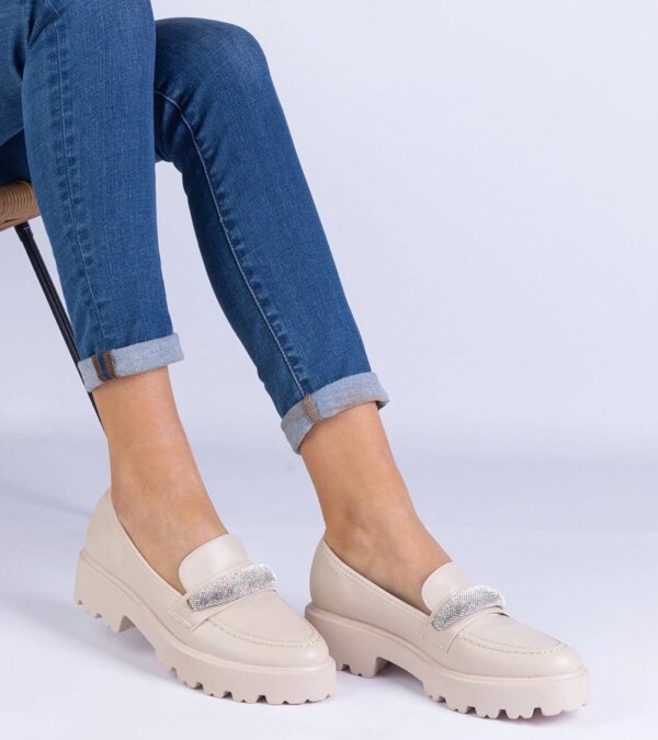 marka niezdefiniowana Beige women's loafers decorated with rhinestones Talentino