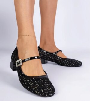 marka niezdefiniowana Black fabric finish pumps with rhinestones Mersitta