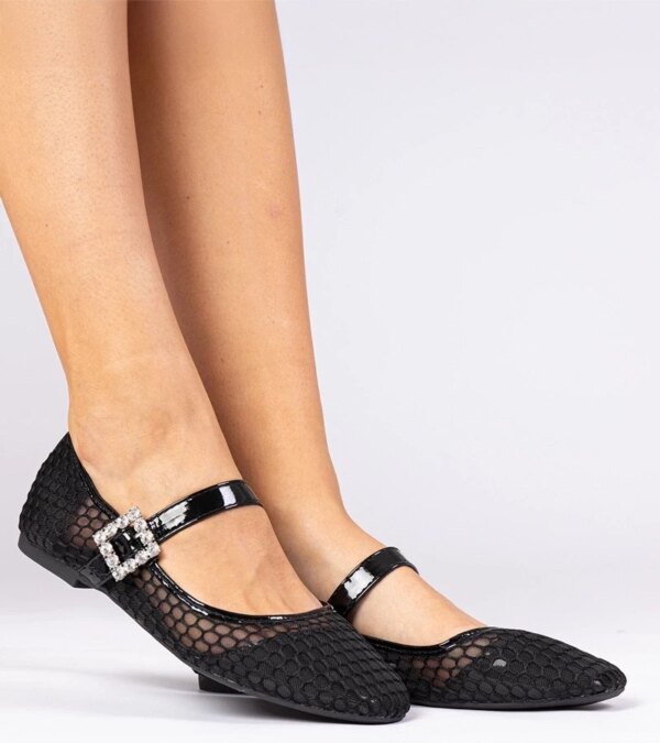 marka niezdefiniowana Black mesh women's ballet flats with buckle and crystals Sandrino