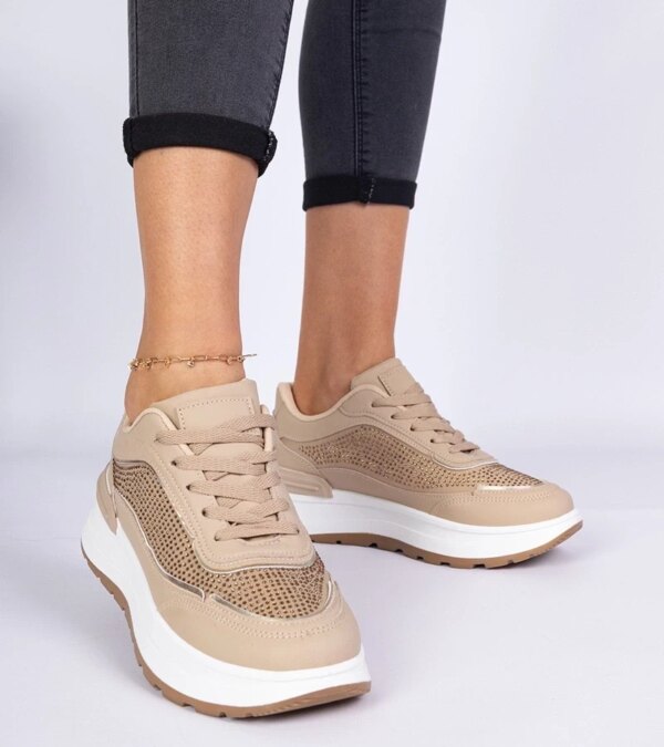 marka niezdefiniowana Brown women's sneakers with rhinestones Fucco