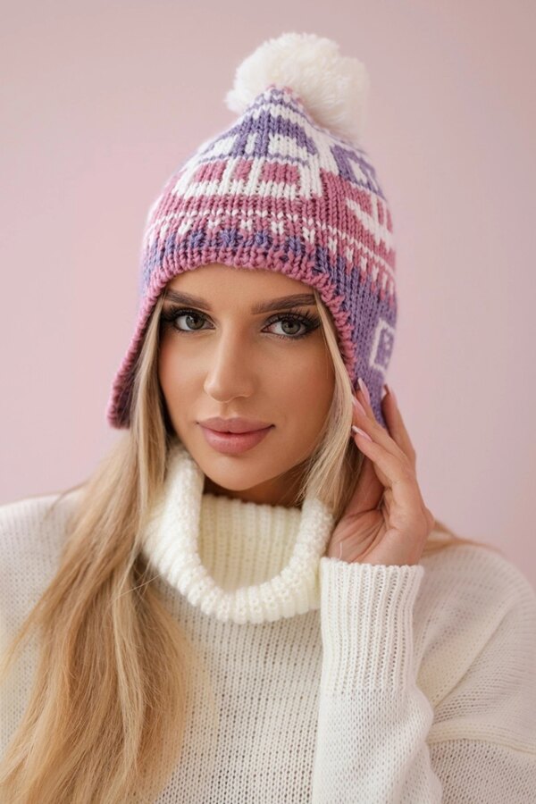 marka niezdefiniowana Cap with a pompom Rosa K368 purple+white+dark pink