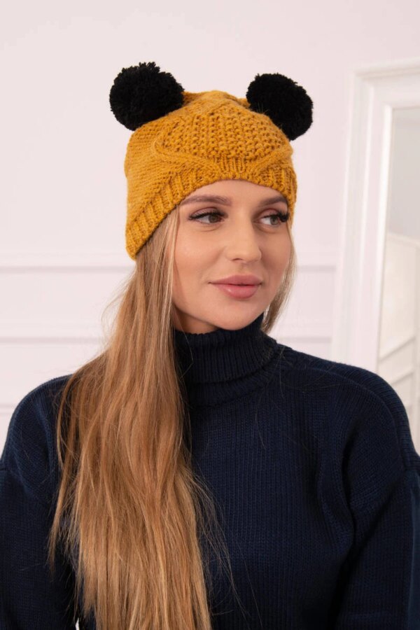 marka niezdefiniowana Cap with fleece 2 pompoms K291 mustard
