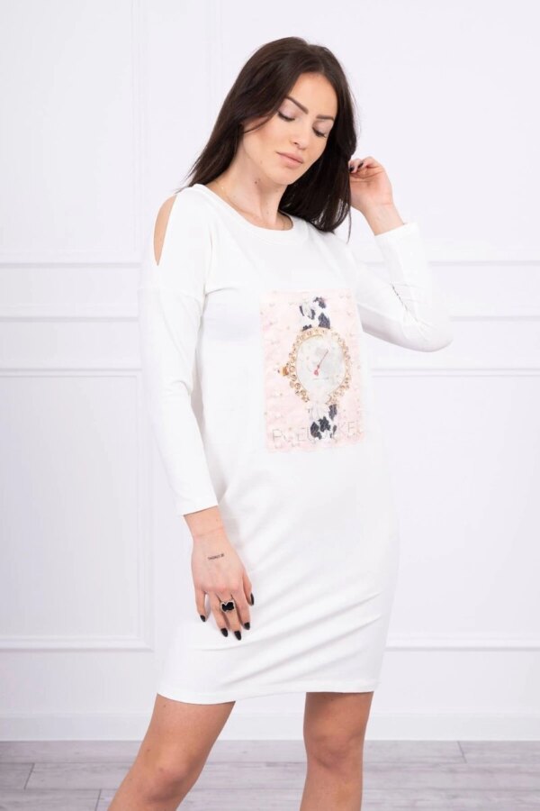 marka niezdefiniowana Dress with graphics 3D with pearls ecru