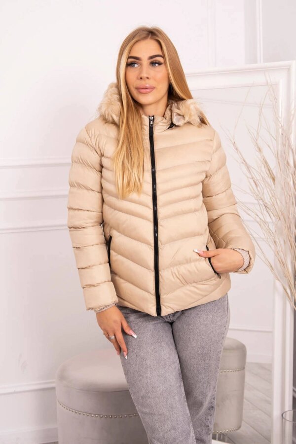 marka niezdefiniowana Quilted winter jacket with a hood beige